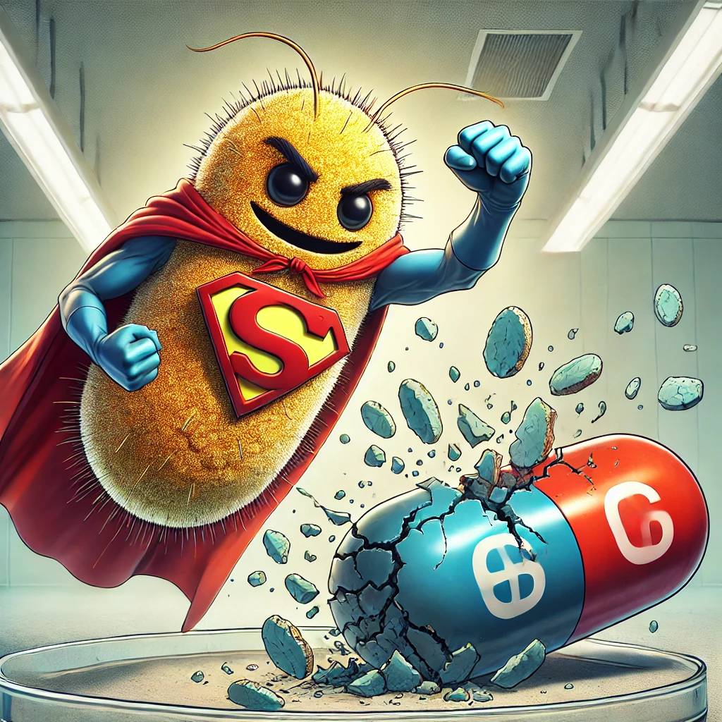 Illustration of bacteria and antibiotics in a Petri dish